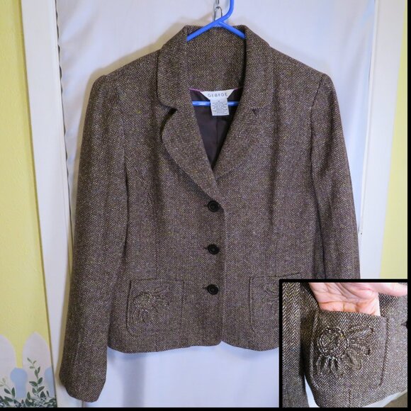 Vintage George Brown Herringbone Blazer Jacket with Floral Pockets Formal - Picture 1 of 8